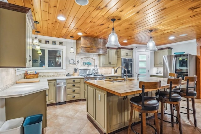 4555 Davies Rd, Hector, NY 14818 - kitchen with wood counters, custom range hood, decorative backsplash, a center island with sink, and wooden ceiling