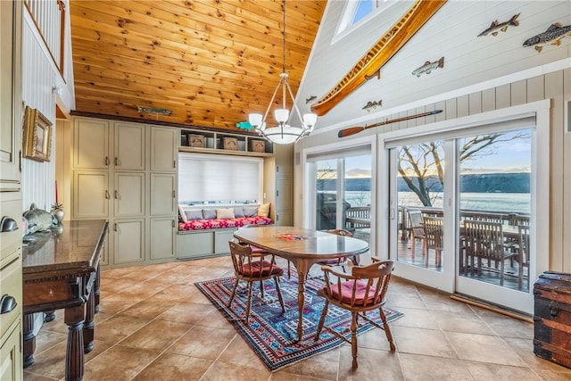 4555 Davies Rd, Hector, NY 14818 - dining space with high vaulted ceiling, light tile patterned flooring, a chandelier, healthy amount of natural light, and wood ceiling