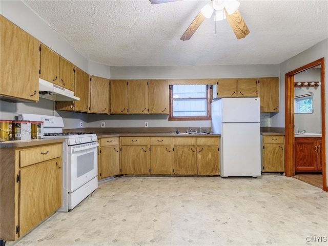 308 Howk St, Watertown City, NY 13601 - kitchen featuring white appliances, under cabinet range hood, light floors, a textured ceiling, and a ceiling fan