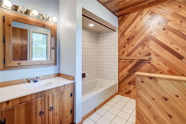120 Scotch Ln, Irondequoit, NY 14617 - bathroom with vanity, tile patterned floors, and wooden walls