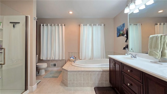3390 Conhocton Rd, Erwin, NY 14870 - bathroom with tile patterned flooring, a stall shower, a garden tub, double vanity, and recessed lighting