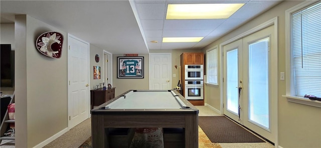 3390 Conhocton Rd, Erwin, NY 14870 - playroom with pool table, carpet floors, french doors, and a drop ceiling