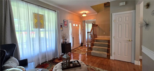 3390 Conhocton Rd, Erwin, NY 14870 - foyer entrance featuring wood finished floors, ornamental molding, and stairs
