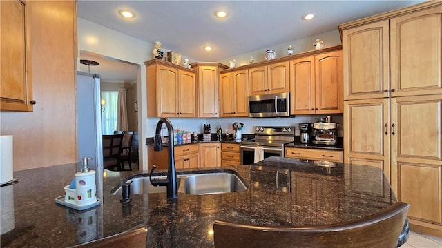 3390 Conhocton Rd, Erwin, NY 14870 - kitchen with stainless steel appliances, recessed lighting, and dark stone counters
