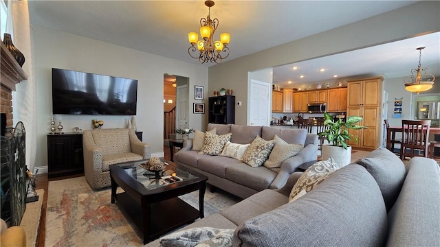 3390 Conhocton Rd, Erwin, NY 14870 - living area featuring a chandelier, a fireplace, and recessed lighting