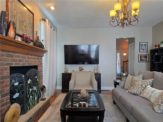 3390 Conhocton Rd, Erwin, NY 14870 - living room with a chandelier, wood finished floors, and a fireplace