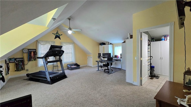 3390 Conhocton Rd, Erwin, NY 14870 - exercise room featuring light carpet, a ceiling fan, healthy amount of natural light, and vaulted ceiling