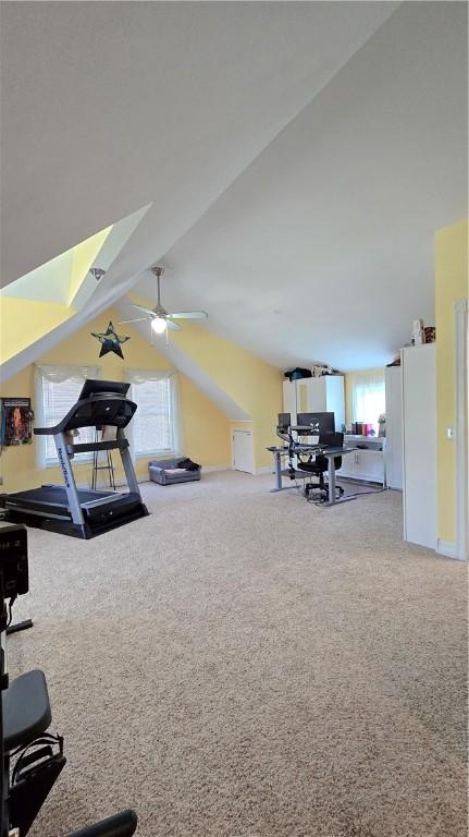 3390 Conhocton Rd, Erwin, NY 14870 - exercise area featuring healthy amount of natural light, a ceiling fan, vaulted ceiling, and carpet