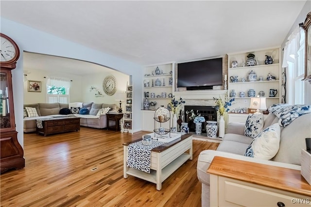 5 Family Cir, Lee, NY 13363 - living room with arched walkways, light wood finished floors, a glass covered fireplace, and built in shelves