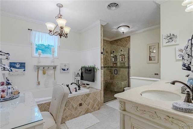 5 Family Cir, Lee, NY 13363 - full bathroom featuring vanity, a chandelier, a stall shower, a bath, and crown molding