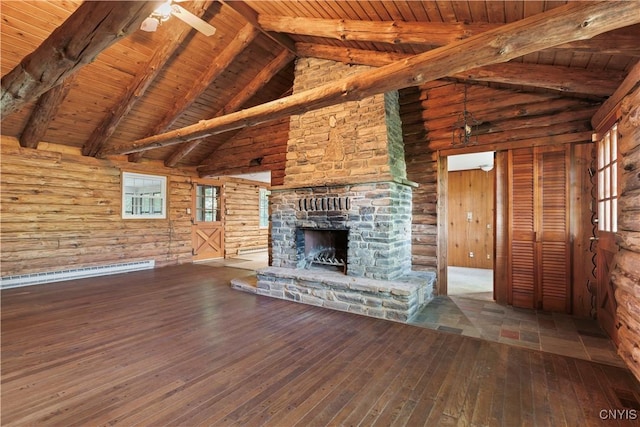 225 S Granby Rd, Granby, NY 13069 - unfurnished living room featuring baseboard heating, hardwood / wood-style floors, high vaulted ceiling, a wood ceiling with exposed beams, and a fireplace