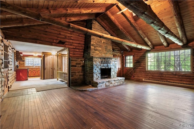 225 S Granby Rd, Granby, NY 13069 - unfurnished living room with a baseboard radiator, hardwood / wood-style floors, a wooden ceiling with exposed beams, a fireplace, and high vaulted ceiling