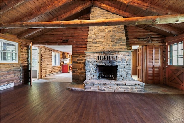 225 S Granby Rd, Granby, NY 13069 - unfurnished living room with wood-type flooring, high vaulted ceiling, a stone fireplace, a baseboard radiator, and plenty of natural light