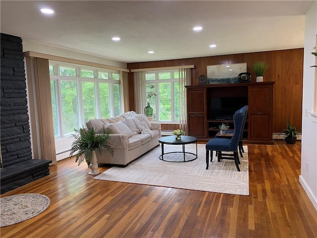 2115 Hornby Rd, Orange, NY 14812 - living room featuring wood finished floors, recessed lighting, and wood walls