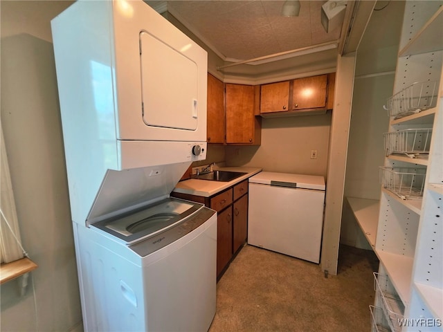 942 N 4th St, Olean, NY 14760 - laundry area with stacked washer / dryer and light colored carpet