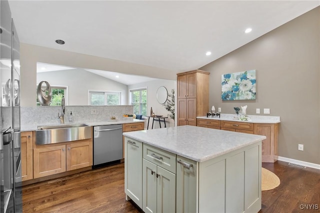 9545 Horseshoe Island Rd, Clay, NY 13041 - kitchen featuring appliances with stainless steel finishes, lofted ceiling, dark wood finished floors, backsplash, and a center island