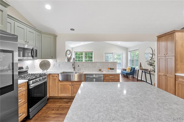 9545 Horseshoe Island Rd, Clay, NY 13041 - kitchen featuring stainless steel appliances, lofted ceiling, dark wood-type flooring, tasteful backsplash, and recessed lighting