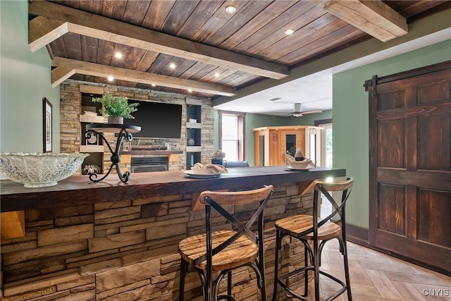 9545 Horseshoe Island Rd, Clay, NY 13041 - indoor bar featuring a wooden ceiling with exposed beams, a ceiling fan, and a barn door