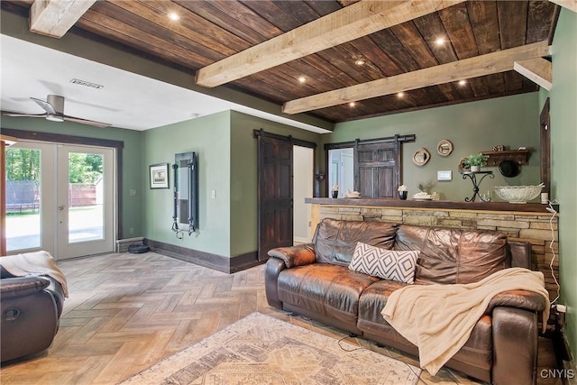 9545 Horseshoe Island Rd, Clay, NY 13041 - living room with a wooden ceiling with exposed beams, french doors, ceiling fan, and a barn door