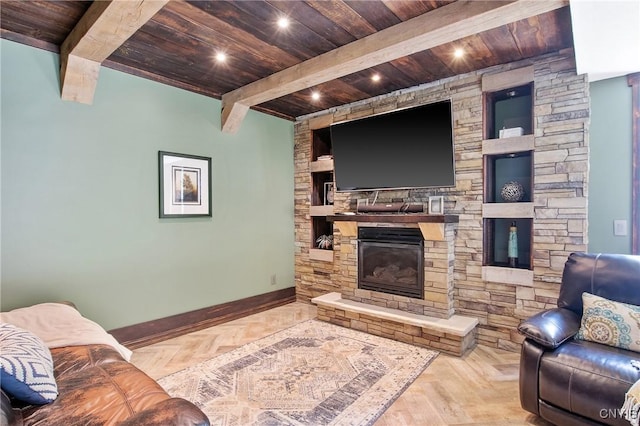 9545 Horseshoe Island Rd, Clay, NY 13041 - living room featuring a wooden ceiling with exposed beams and a fireplace