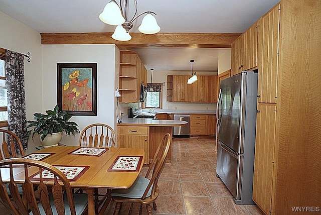 57 Dudley Ave, Hamburg, NY 14075 - kitchen with appliances with stainless steel finishes, open shelves, healthy amount of natural light, a peninsula, and beam ceiling