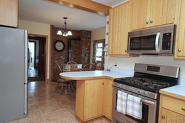 57 Dudley Ave, Hamburg, NY 14075 - kitchen featuring appliances with stainless steel finishes, light brown cabinets, a peninsula, light countertops, and light tile patterned floors