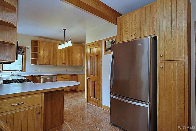 57 Dudley Ave, Hamburg, NY 14075 - kitchen featuring stainless steel appliances, open shelves, light countertops, tile patterned flooring, and hanging light fixtures