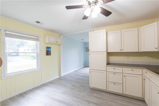 21 Twin Dr, North Dansville, NY 14437 - kitchen with light wood-style flooring, dark countertops, a ceiling fan, and crown molding