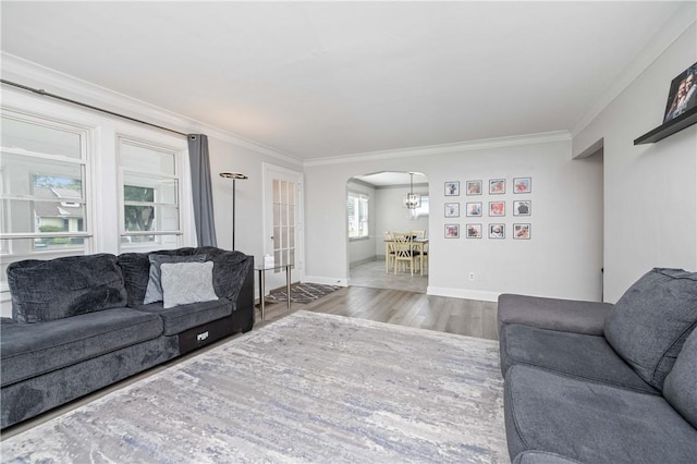 111 Hartsdale Rd, Irondequoit, NY 14622 - living room featuring arched walkways, ornamental molding, and wood finished floors