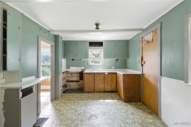 349 Willow St, Lockport City, NY 14094 - kitchen with light countertops, ornamental molding, dishwasher, wainscoting, and brown cabinets