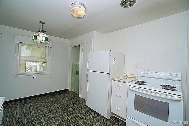 107 Singer Dr, West Seneca, NY 14224 - kitchen with white appliances, white cabinetry, dark floors, decorative light fixtures, and light countertops