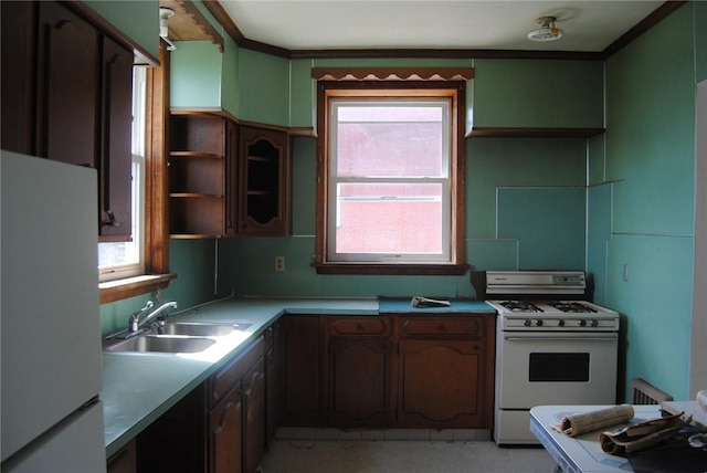 136 N Fraley St, Kane Boro, PA 16735 - kitchen with white appliances, healthy amount of natural light, ornamental molding, light countertops, and open shelves