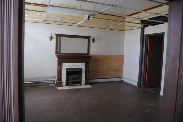 136 N Fraley St, Kane Boro, PA 16735 - basement with a fireplace with flush hearth and a baseboard heating unit