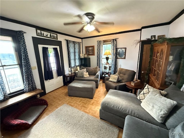 41 Owego St, Cortland, NY 13045 - living room featuring a ceiling fan and ornamental molding