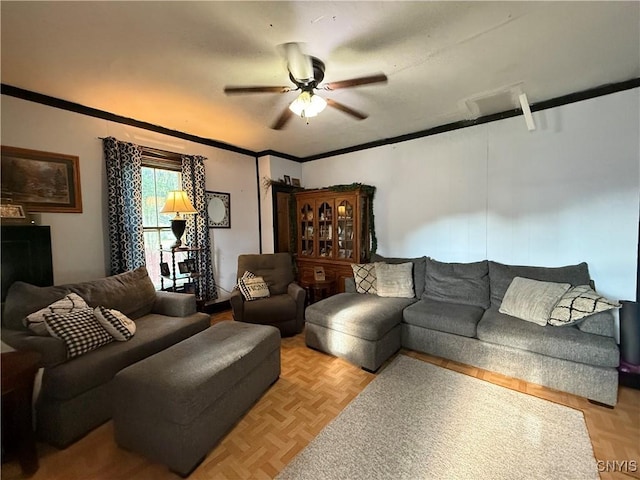 41 Owego St, Cortland, NY 13045 - living area featuring a ceiling fan and crown molding