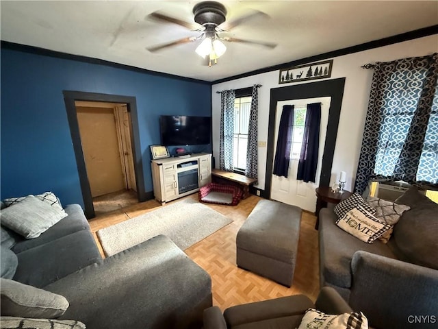 41 Owego St, Cortland, NY 13045 - living area featuring crown molding and ceiling fan
