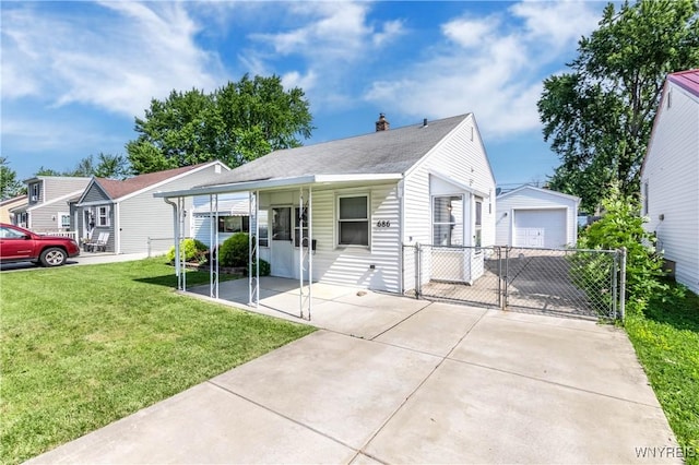 686 Harrison Ave, Tonawanda, NY 14223 - view of front facade with a garage, a gate, driveway, an outdoor structure, and a chimney