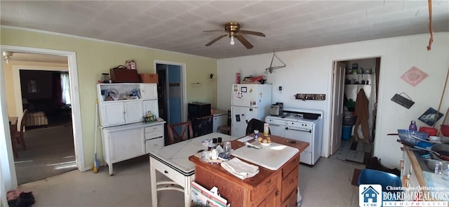 4604 W Railroad Ave, Stockton, NY 14874 - kitchen with freestanding refrigerator, ceiling fan, and concrete floors