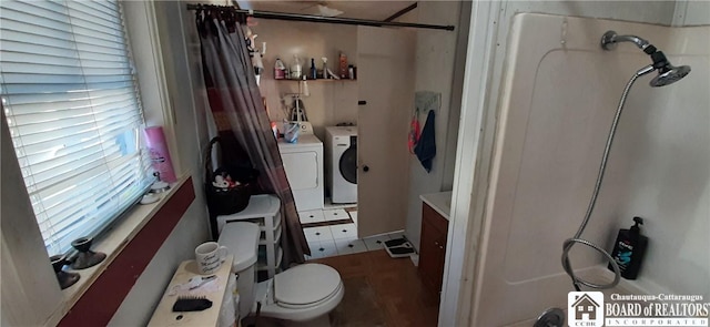 4604 W Railroad Ave, Stockton, NY 14874 - bathroom featuring independent washer and dryer, a shower with shower curtain, and vanity