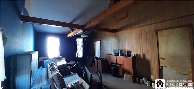 4604 W Railroad Ave, Stockton, NY 14874 - miscellaneous room with beam ceiling, a ceiling fan, and wood walls