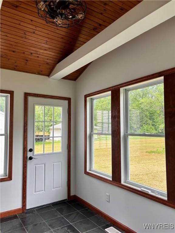 575 Willow Ave, North Tonawanda, NY 14120 - doorway with dark tile patterned flooring, wood ceiling, lofted ceiling, and a chandelier