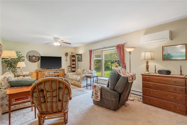 123 Town Line Rd, Volney, NY 13069 - living area featuring an AC wall unit, ceiling fan, light carpet, and a baseboard radiator