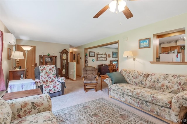 123 Town Line Rd, Volney, NY 13069 - carpeted living room with an AC wall unit and a ceiling fan
