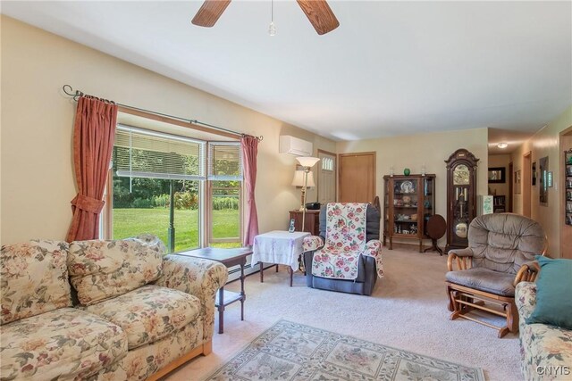 123 Town Line Rd, Volney, NY 13069 - living area with a wall unit AC, carpet floors, ceiling fan, and baseboard heating