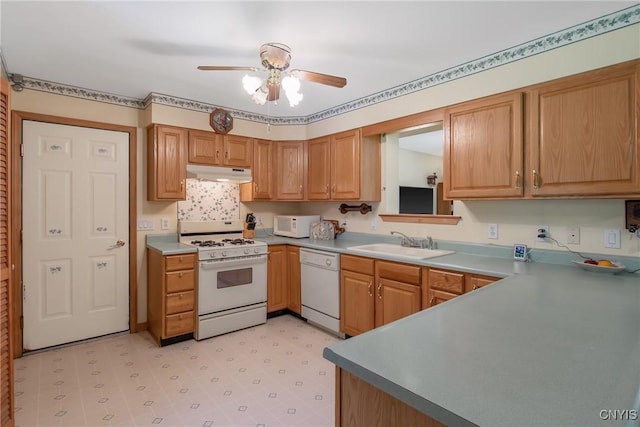 123 Town Line Rd, Volney, NY 13069 - kitchen with white appliances, under cabinet range hood, a ceiling fan, and light countertops