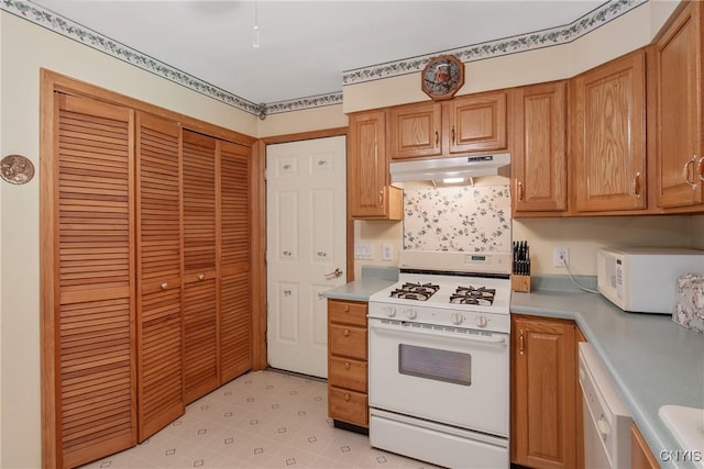 123 Town Line Rd, Volney, NY 13069 - kitchen with white appliances, under cabinet range hood, light countertops, and light floors