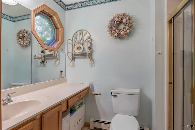 123 Town Line Rd, Volney, NY 13069 - bathroom featuring a baseboard heating unit, vanity, and a shower with door