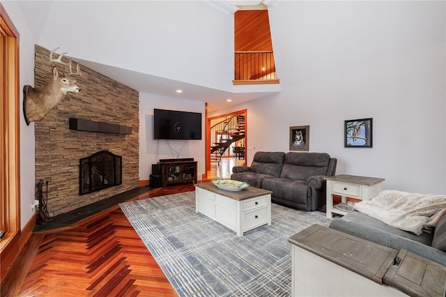 42 Lake Lacoma Dr, Perinton, NY 14534 - living room with a stone fireplace, stairs, and a high ceiling