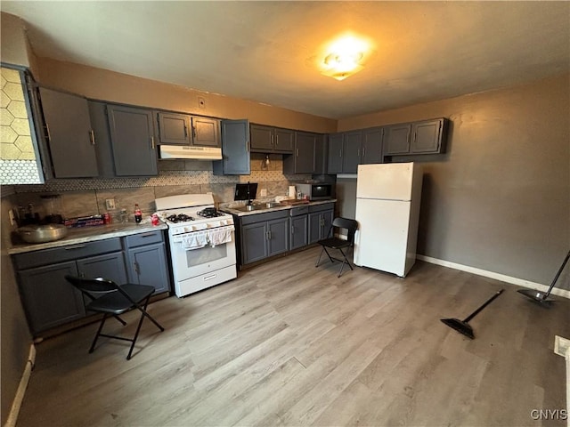 926 Burnet Ave Unit 30, Syracuse, NY 13203 - kitchen featuring white appliances, under cabinet range hood, decorative backsplash, light wood-type flooring, and gray cabinetry