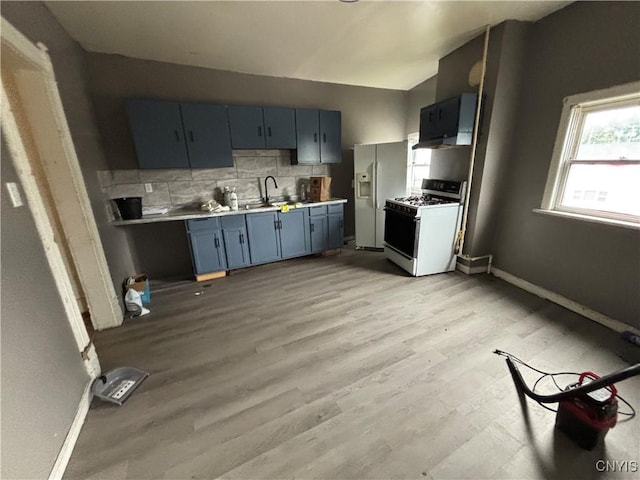 926 Burnet Ave Unit 30, Syracuse, NY 13203 - kitchen featuring white appliances, light countertops, backsplash, light wood-style flooring, and blue cabinetry